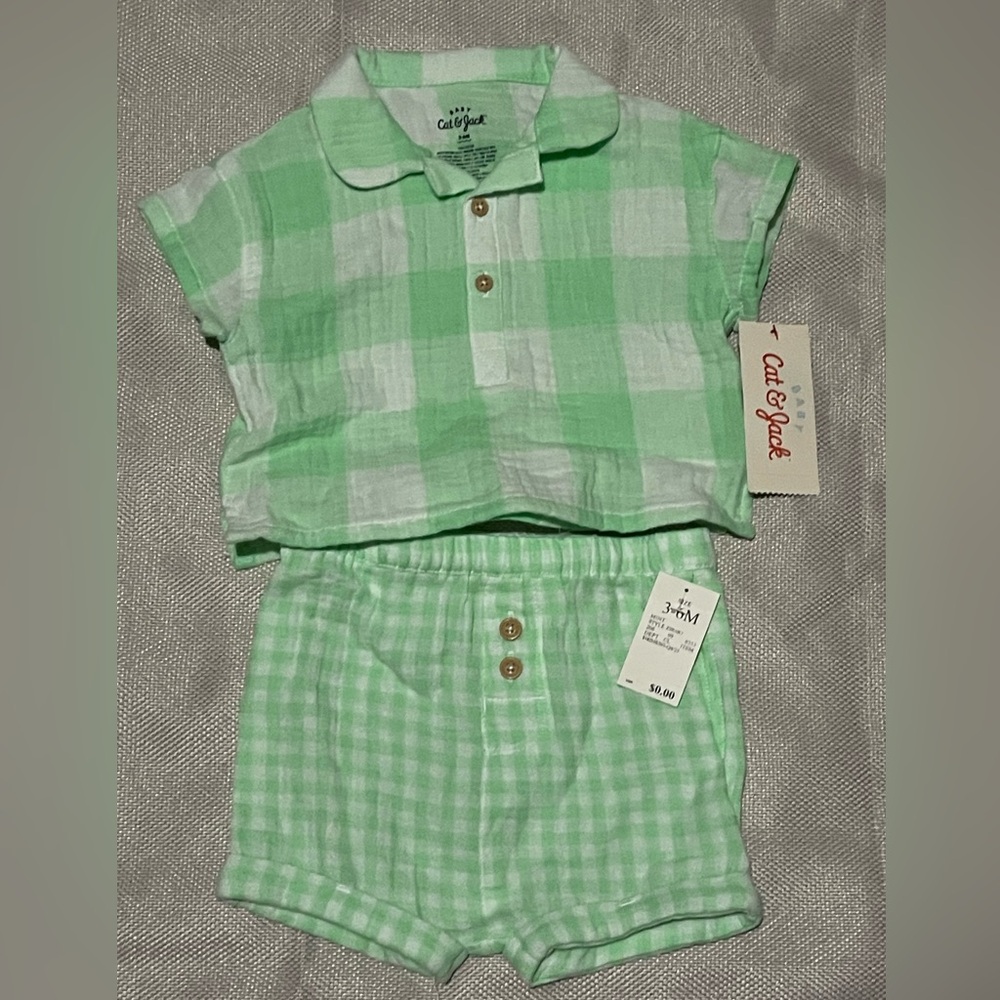 Green /white check short set